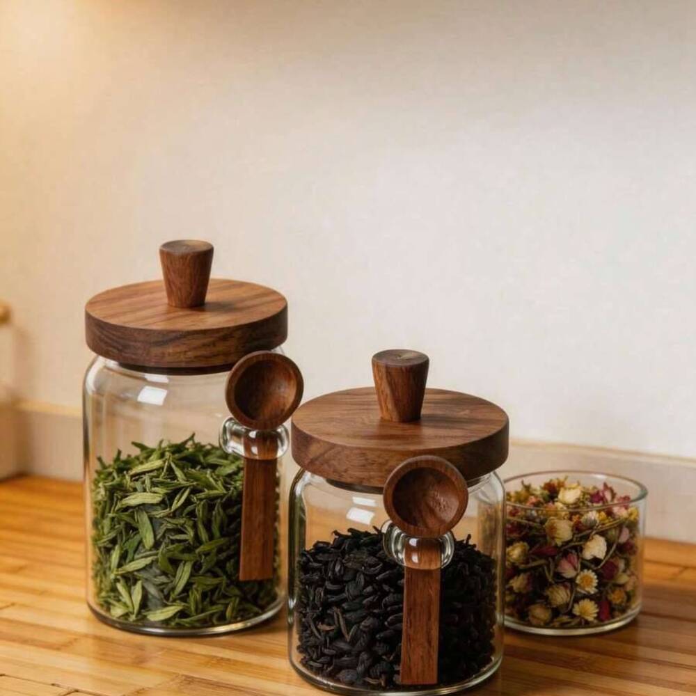 Food Storage Set Glass - 3-delige set glazen potten met houten