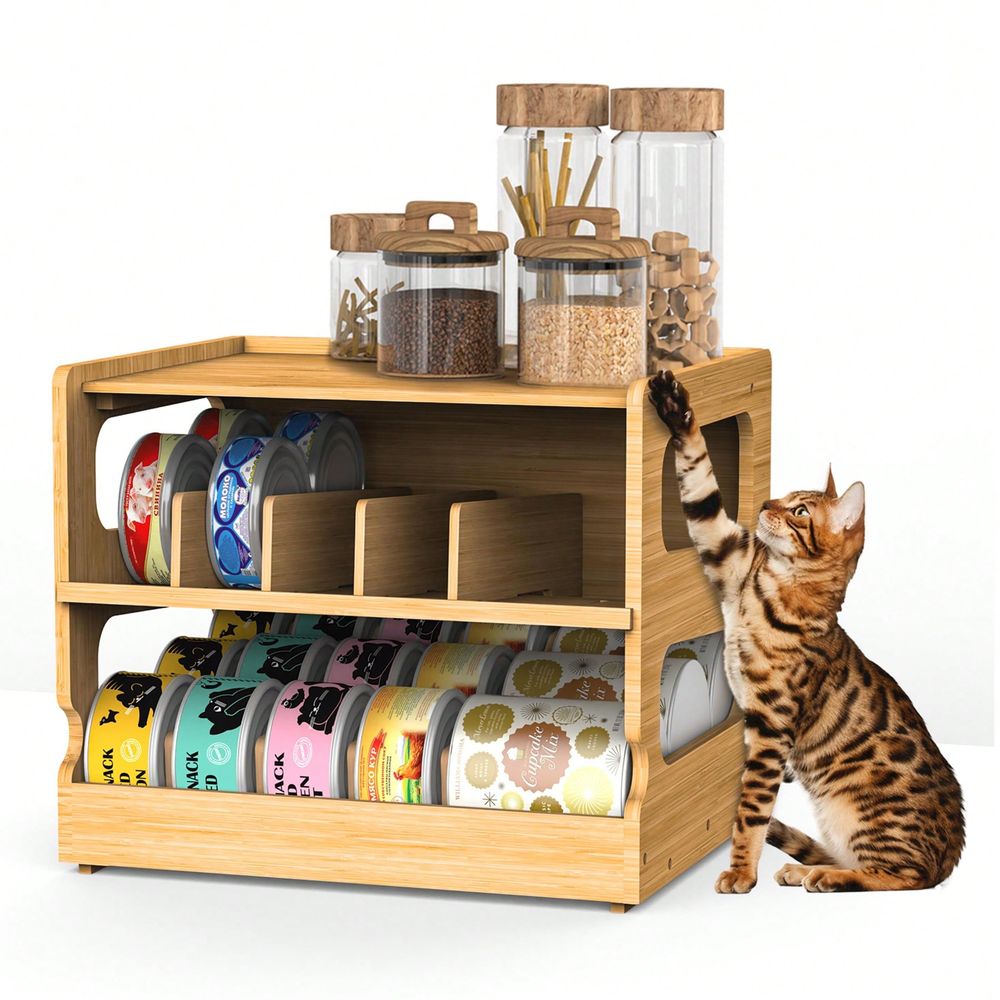 Food Storage Dispenser - Stapelbare bamboe kattenvoerorganizer, 2-laags verstelbare FIFO-blikjesdispenser,
