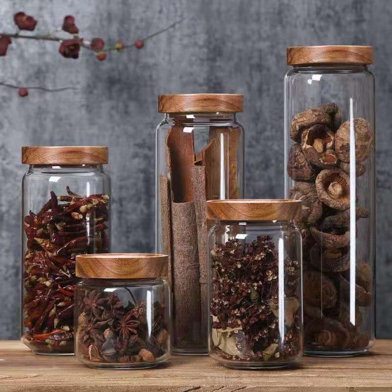 Food Storage Glass Round - Ronde Glazen Buis Jar Acacia Houten