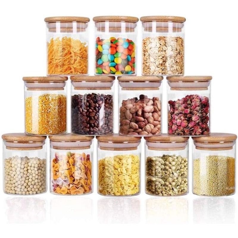 Food Storage Set Glass - 12-glazen potten set met bamboe luchtdichte