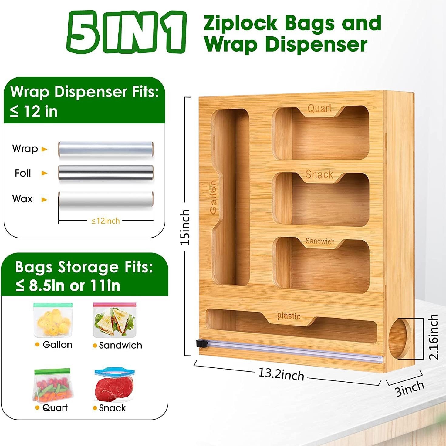 Food Storage Dispenser - Bamboe Ziplock Voedselzakhouder Compatibele wandopbergrekken Keukenopslagplank